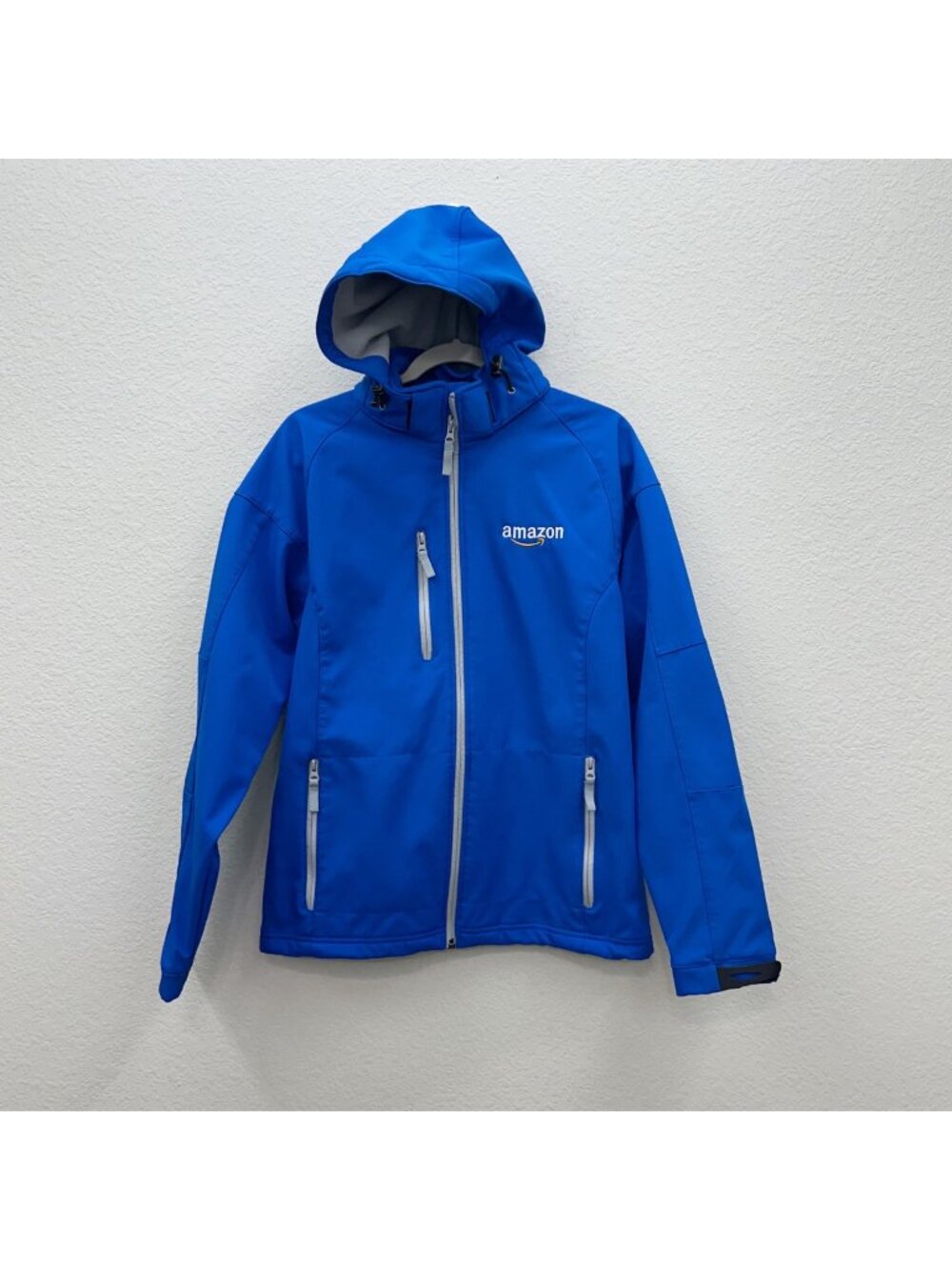 Amazon Softshell Blue Hooded Full Zip Fleece Lined Jacket w Pockets Mens Small